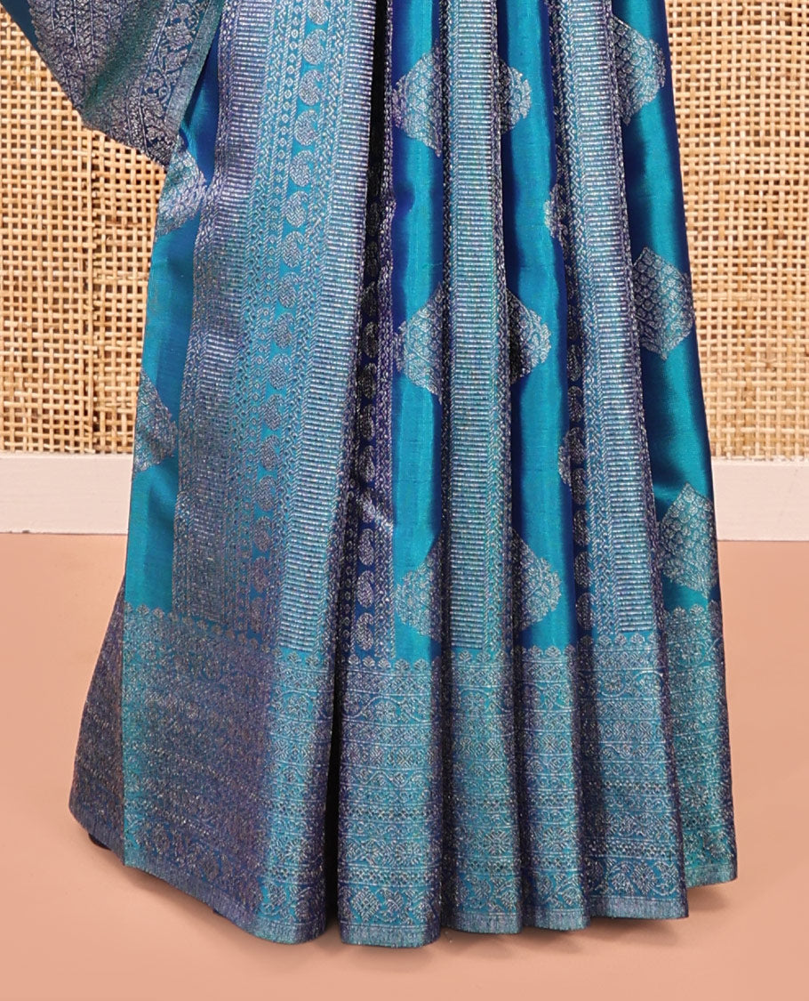 Blue Kanchipuram Designer Silk Saree, Subtly Enriched with Zari Designs Woven All Over Its Body, Highlighted by Zari Traditional Border, Zari Woven Pallu, and Paired with a Matching Blouse