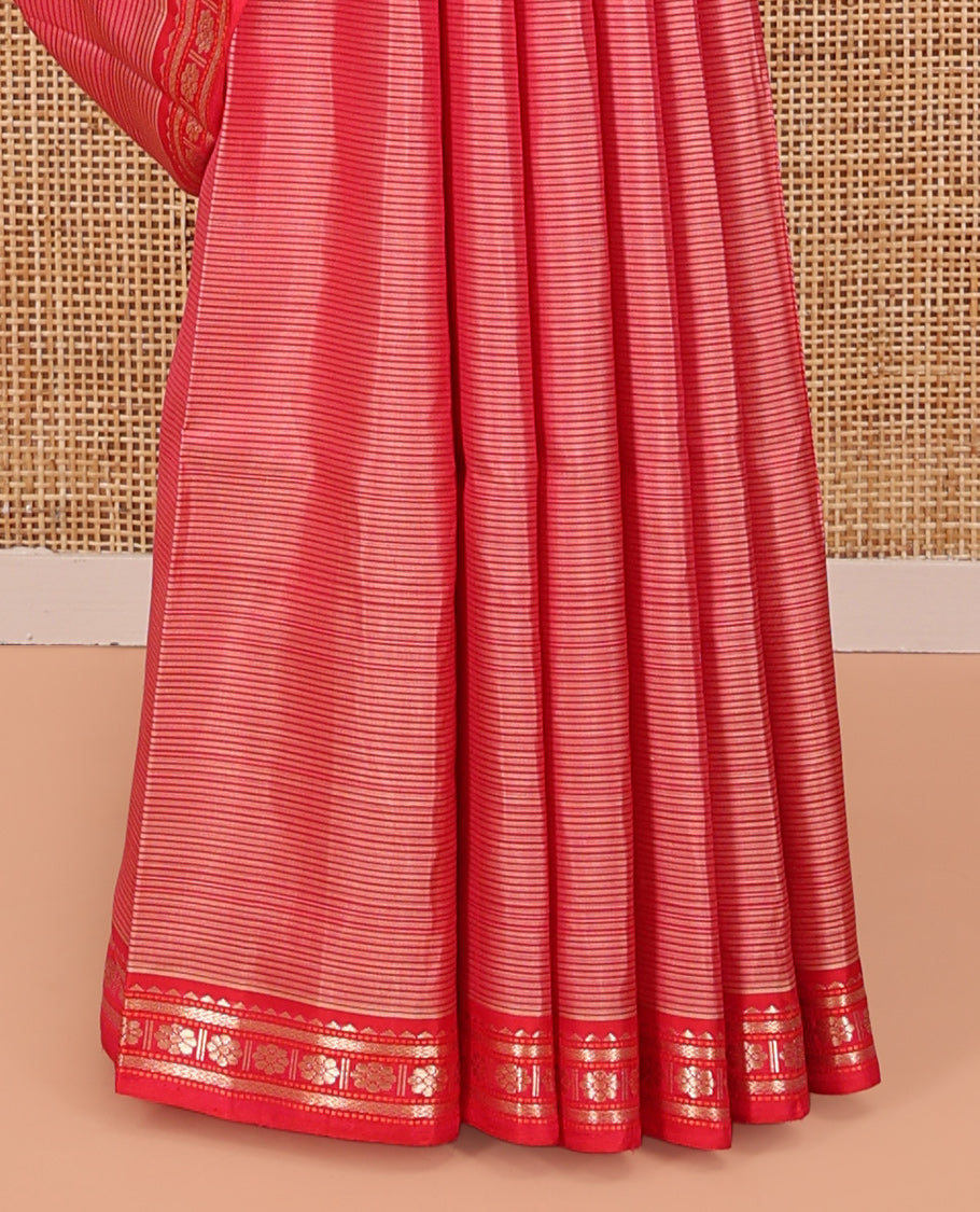 Pink Striped Kanchipuram Silk Saree, Complemented by a Contrast Border of Rekku, Vanki, and Kamalam Designs, Zari Muthu Striped Pallu, and Paired with a Contrast Blouse