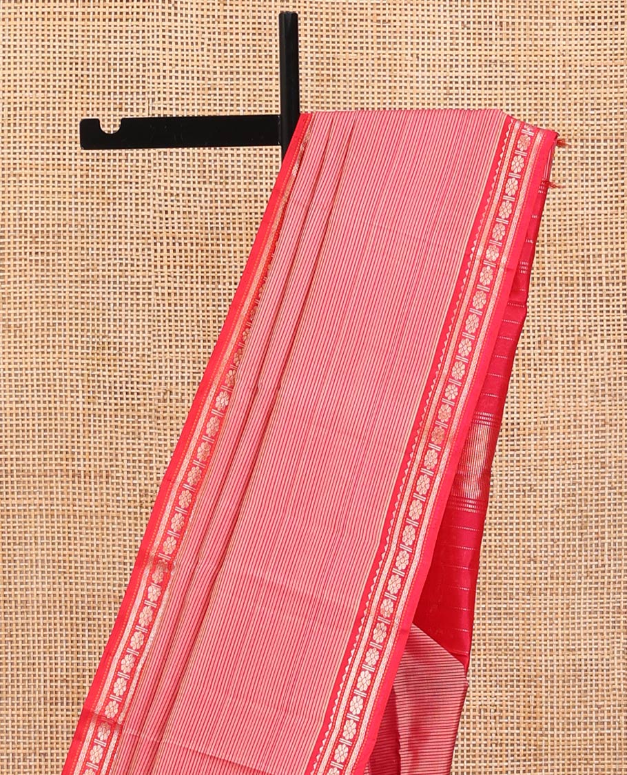 Pink Striped Kanchipuram Silk Saree, Complemented by a Contrast Border of Rekku, Vanki, and Kamalam Designs, Zari Muthu Striped Pallu, and Paired with a Contrast Blouse