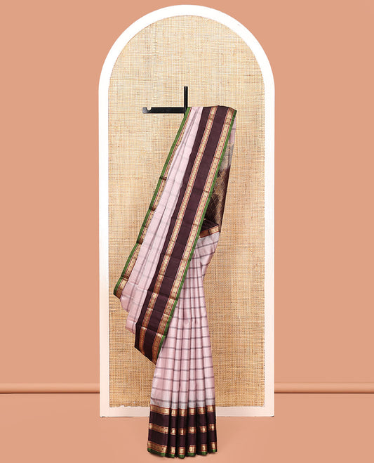 Pink Kanchipuram Silk Saree, Prettified with Stripes, Contrast Varisai Pettu Border of Laddu Kamalam, Muthu, and Rudraksham Designs, Pallu of Intricate Design, and a Contrast Blouse