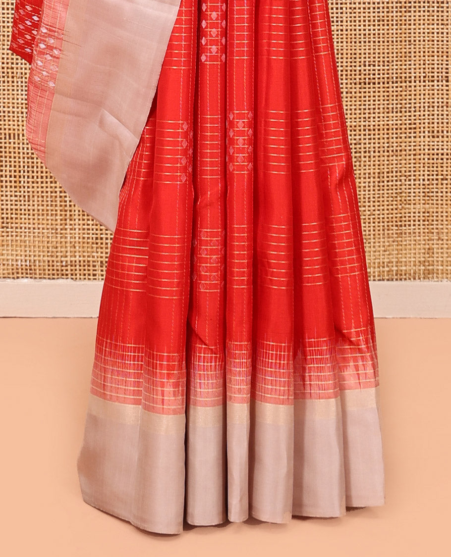 Orange Checked Kanchipuram Silk Saree, a Contrast Border, Sparsely Woven Pallu, and a Contrast Blouse