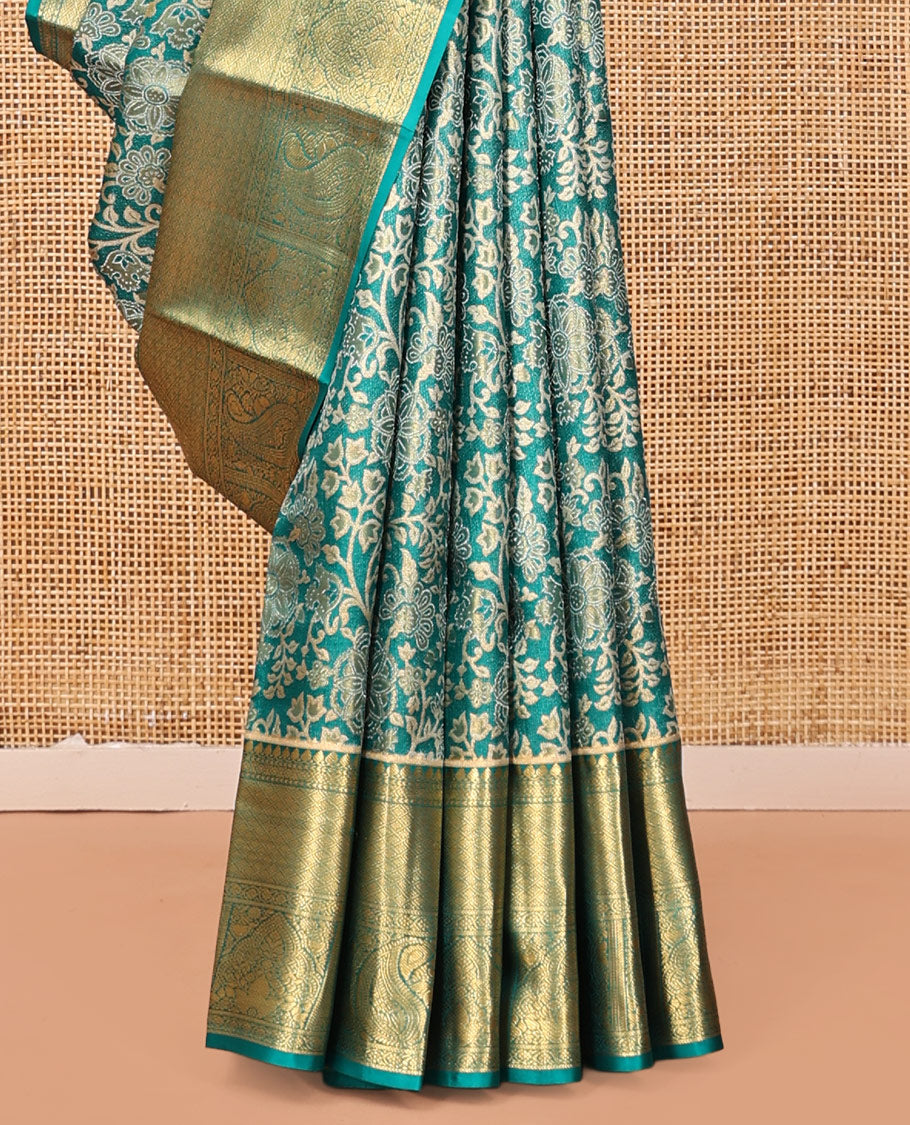 Blue Kanchipuram Tissue Silk Saree, Enriched with Floral Jacquard, a Zari Border of Thilakam Mokku, Jaal, and Manga Designs, Diagonal Striped Pallu, and Matching Blouse