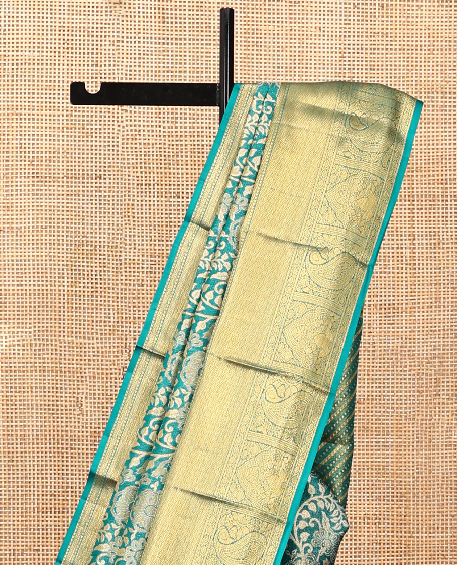 Blue Kanchipuram Tissue Silk Saree, Enriched with Floral Jacquard, a Zari Border of Thilakam Mokku, Jaal, and Manga Designs, Diagonal Striped Pallu, and Matching Blouse