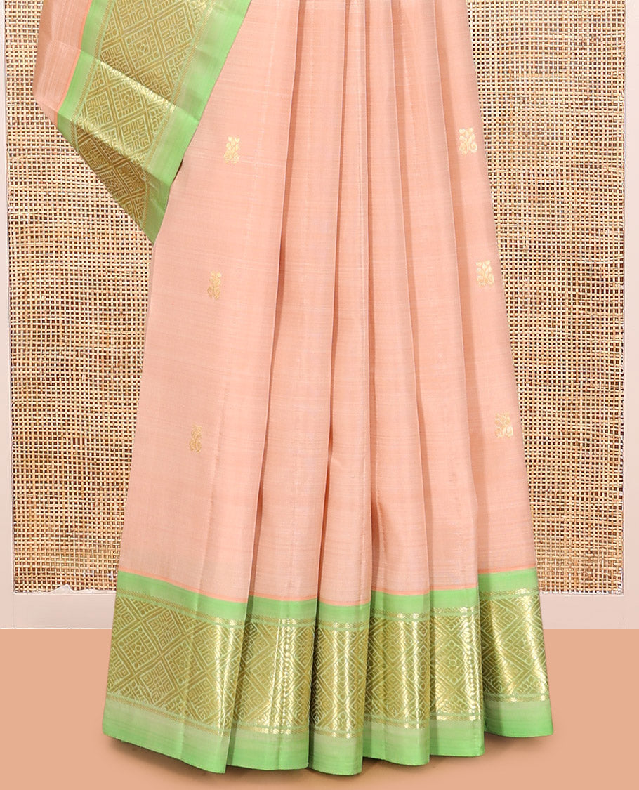 Peach Kanchipuram Silk Saree, Woven with Zari Buttas, Complemented by a Contrast Border of Jaal Design, Pallu of Zari Design, and No Blouse