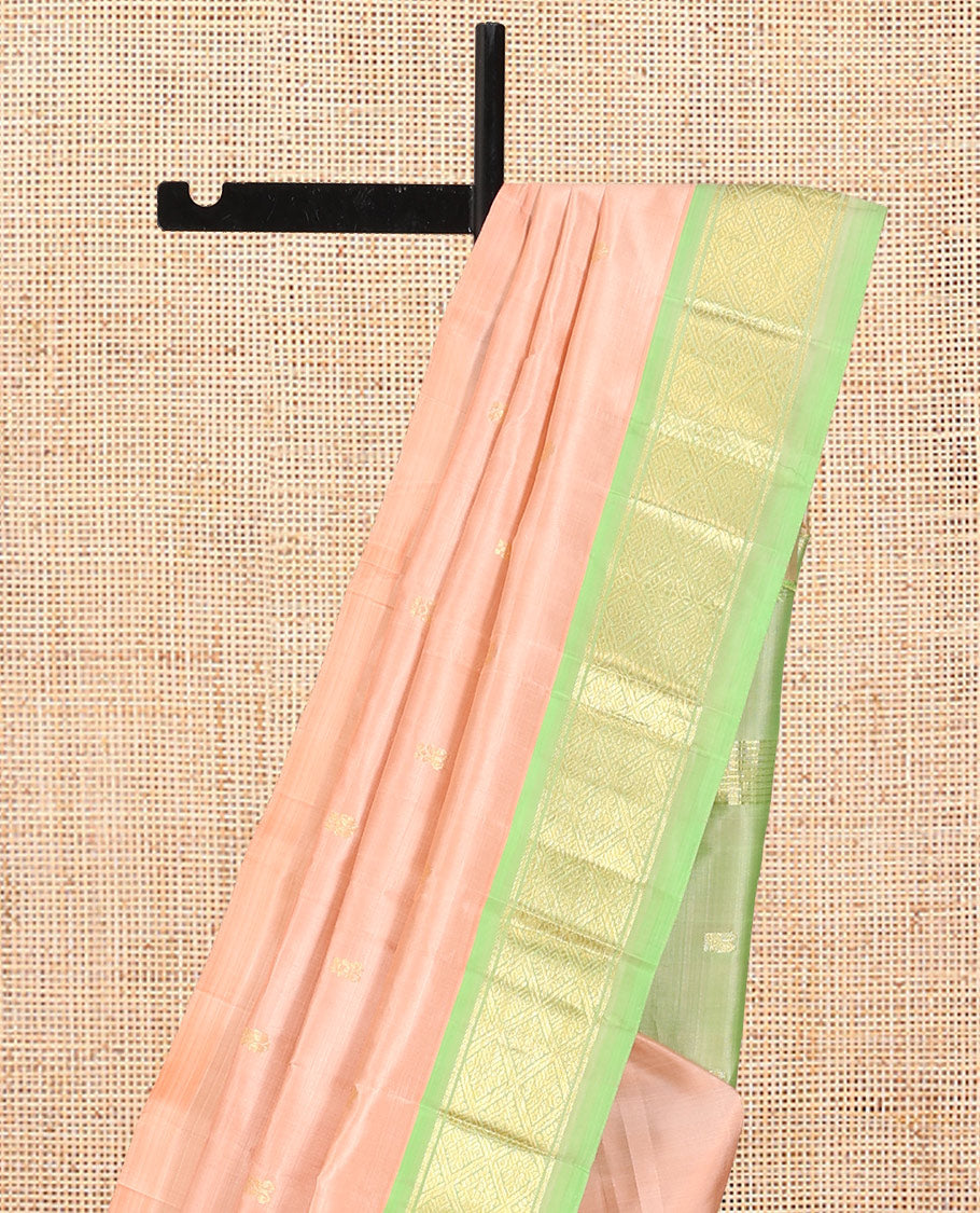 Peach Kanchipuram Silk Saree, Woven with Zari Buttas, Complemented by a Contrast Border of Jaal Design, Pallu of Zari Design, and No Blouse