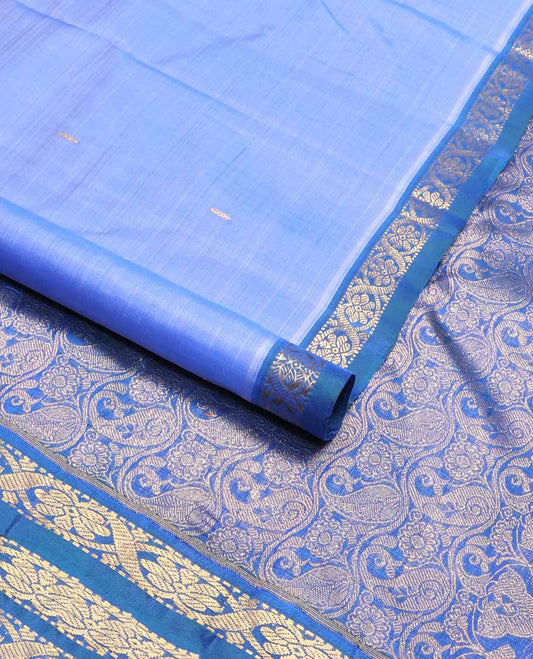 Blue  buttas kancheepuram silk saree contrast border of poo chakram design & floral jaal design pallu