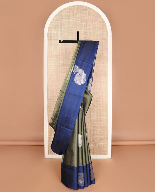 Green elephant motifs soft silk saree, contrast elephant motifs zari border & floral zari design pallu