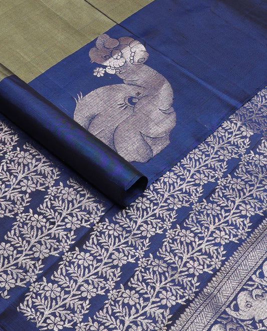 Green elephant motifs soft silk saree, contrast elephant motifs zari border & floral zari design pallu