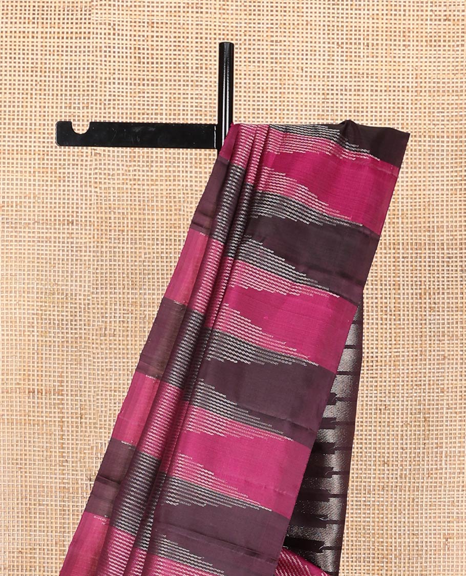 Borderless brown and pink stripes and temple design soft silk saree, pallu of seppu rekku design