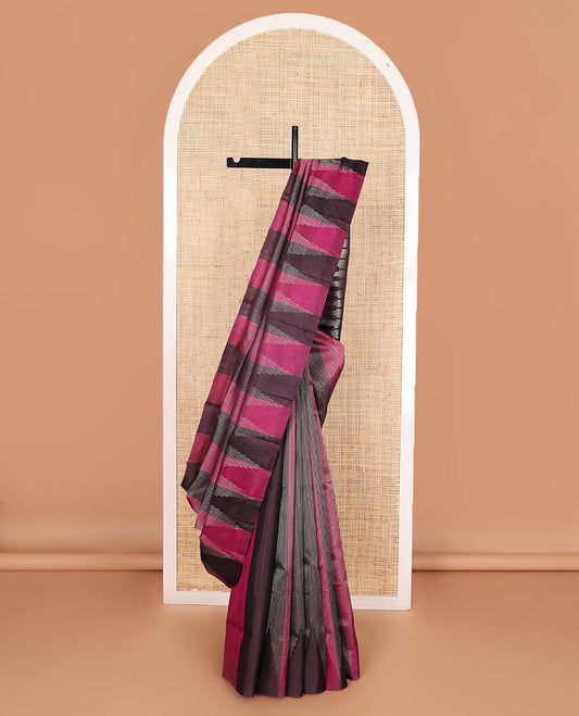 Borderless brown and pink stripes and temple design soft silk saree, pallu of seppu rekku design