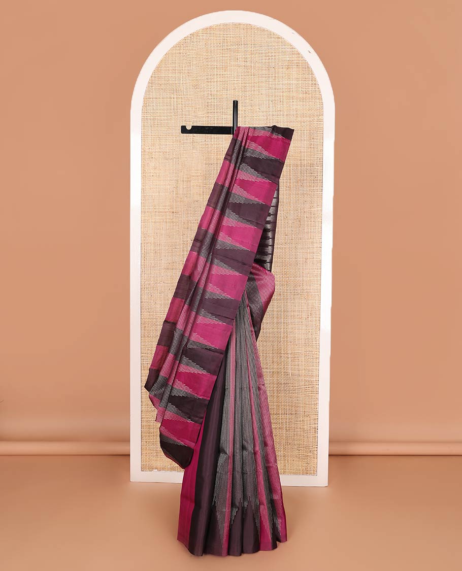 Borderless brown and pink stripes and temple design soft silk saree, pallu of seppu rekku design