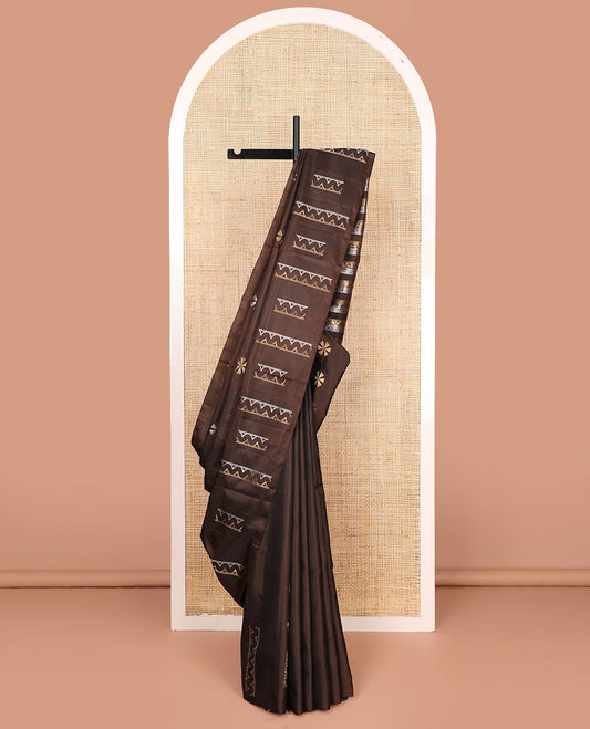 Borderless brown floral and zig-zag striped soft silk saree, zari-rich pallu of zig-zag stripes