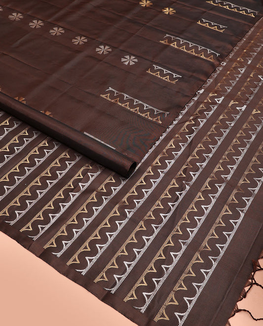 Borderless brown floral and zig-zag striped soft silk saree, zari-rich pallu of zig-zag stripes