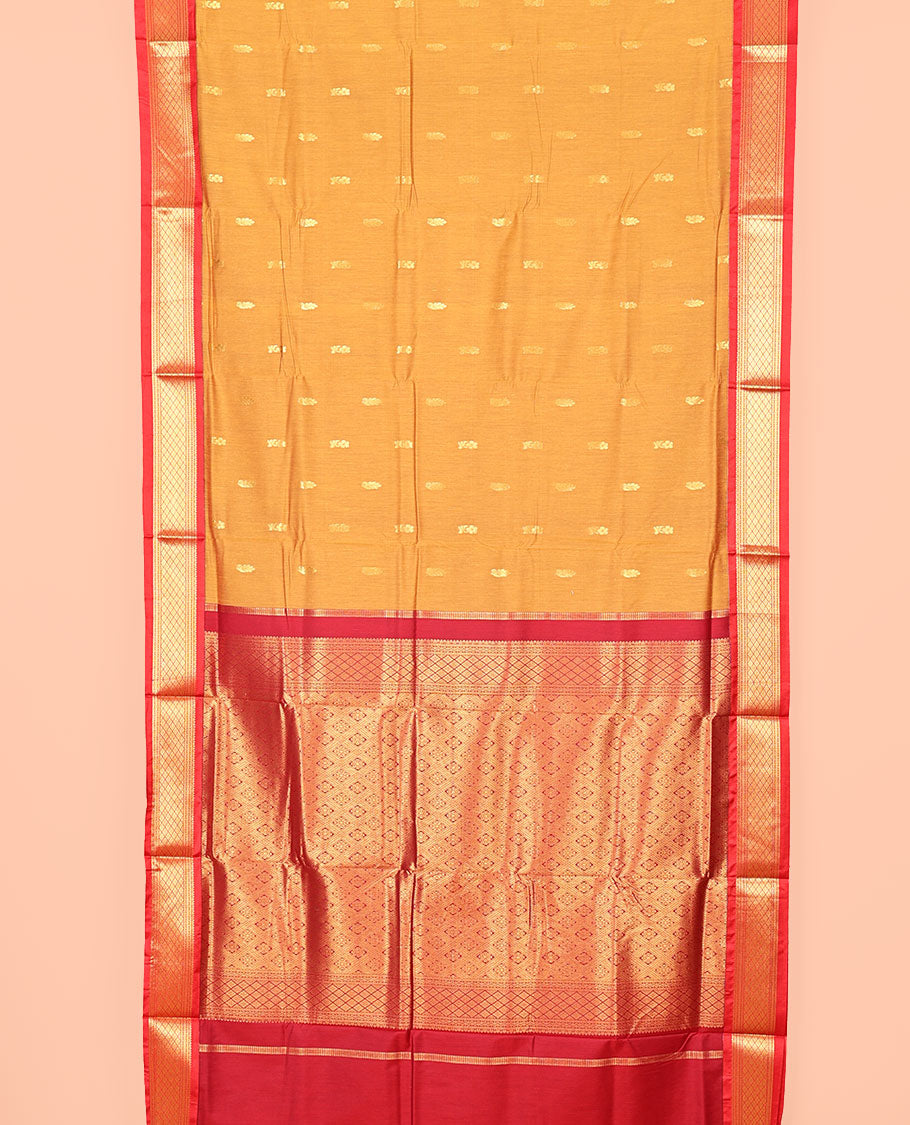 Yellow Nine-Yard Art Silk Saree, Graced with Buttas All Over Its Body, Complemented by a Contrast Traditional Zari Design Border, Gand Jaal Design Pallu, and Comes Without a Blouse