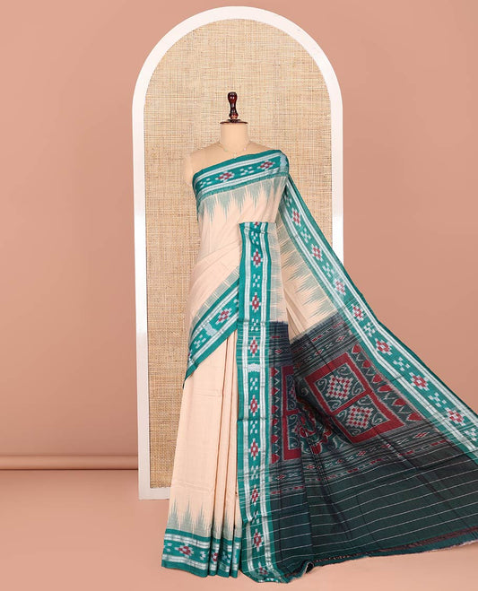 Sandal Plain Odisha Cotton Saree, Complemented by a Contrast Ikkat Pasapalli-Checks Border, Pallu of Intricate Ikkat Weave, and Comes Without a Blouse