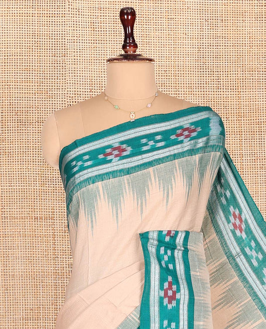 Sandal Plain Odisha Cotton Saree, Complemented by a Contrast Ikkat Pasapalli-Checks Border, Pallu of Intricate Ikkat Weave, and Comes Without a Blouse