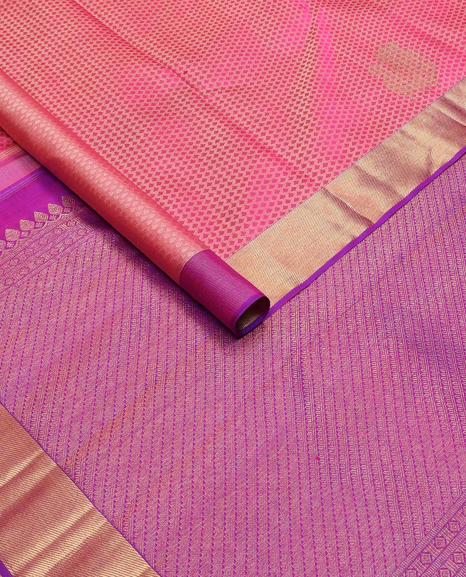 Light pink floral, animal design silk saree with contrast banaras design border & geometric design pallu
