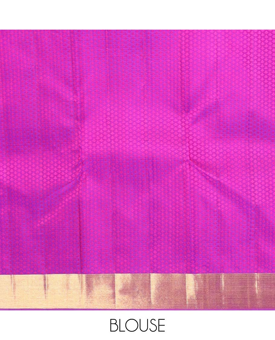 Light pink floral, animal design silk saree with contrast banaras design border & geometric design pallu