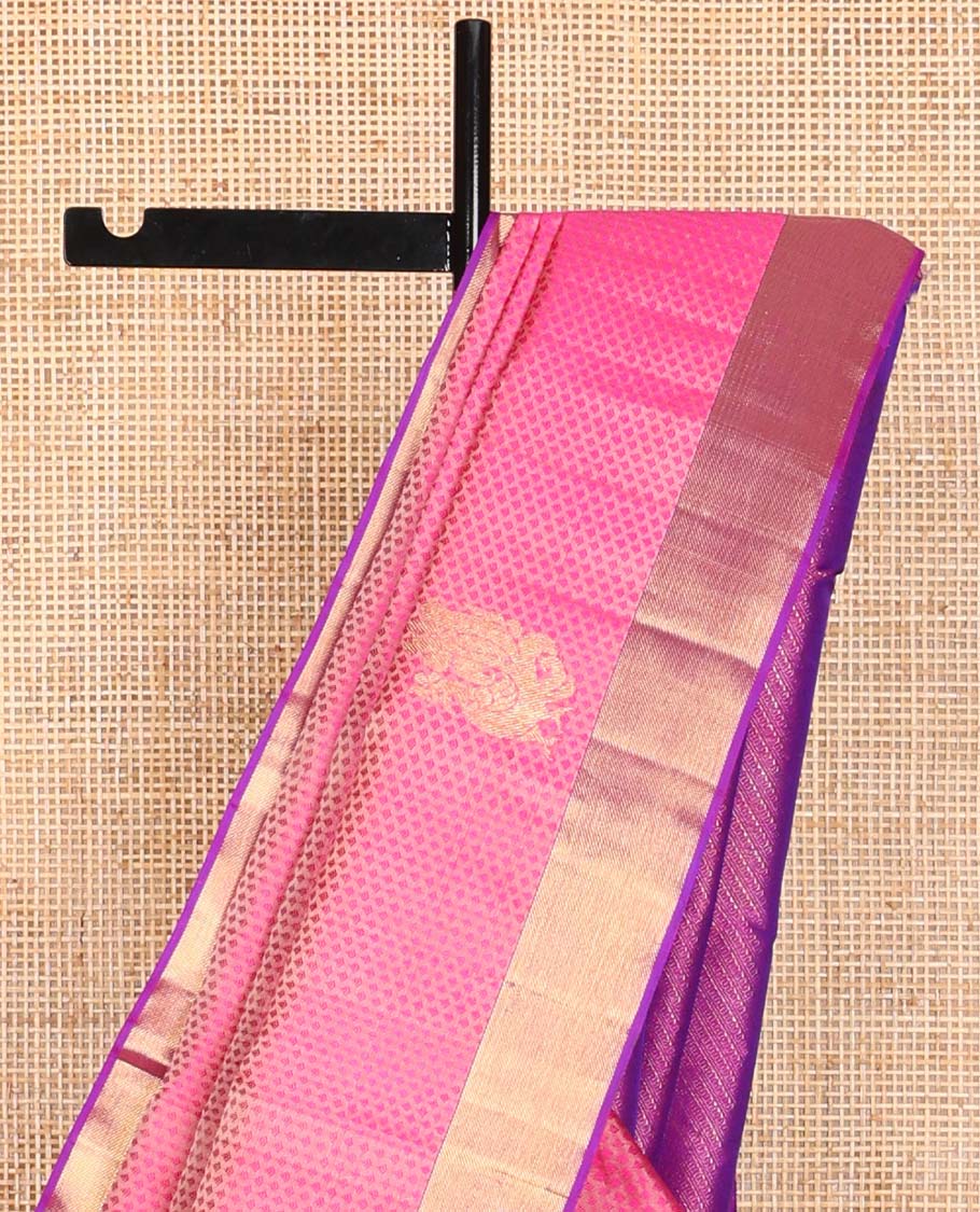 Light pink floral, animal design silk saree with contrast banaras design border & geometric design pallu