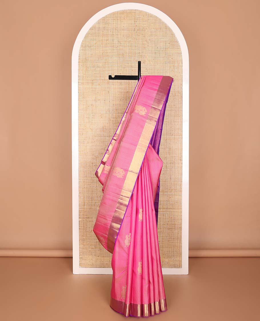 Light pink floral, animal design silk saree with contrast banaras design border & geometric design pallu