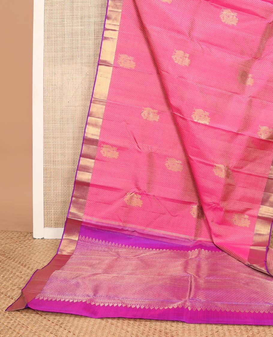 Light pink floral, animal design silk saree with contrast banaras design border & geometric design pallu