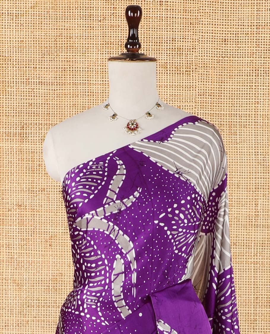 Borderless violet half-and-half model satin saree with batik-style big floral motifs digital printed body and pallu