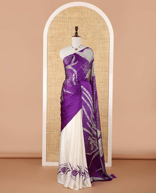 Borderless violet half-and-half model satin saree with batik-style big floral motifs digital printed body and pallu