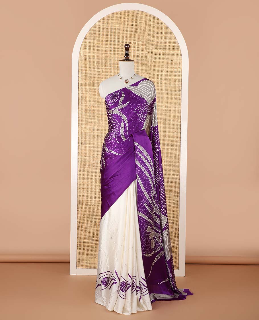 Borderless violet half-and-half model satin saree with batik-style big floral motifs digital printed body and pallu