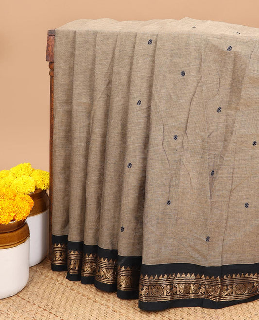 Tan color small thread butta chettinad cotton saree with ganga jamuna, traditional border & self lining pallu along with plain blouse