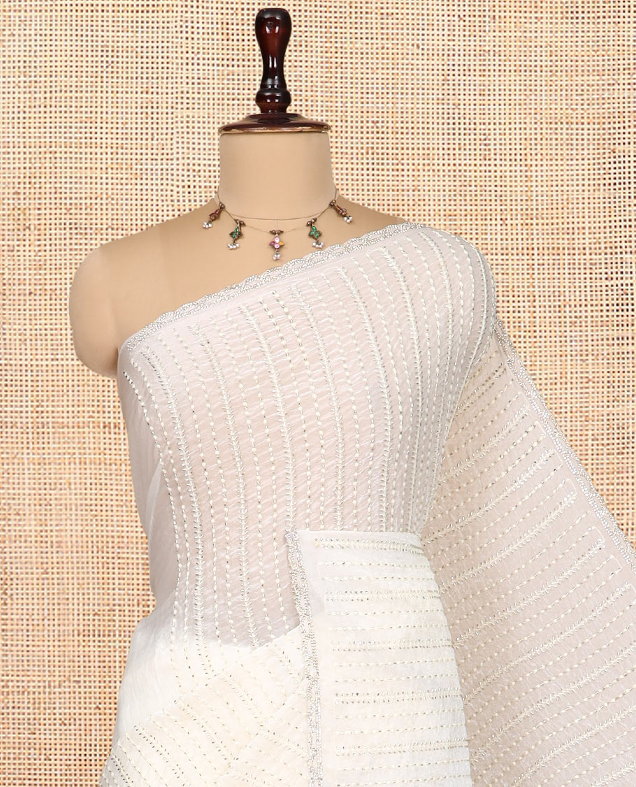 Cream Fendi Chiffon Saree, Bead Embroidery, a Scalloped Border, a Matching Blouse