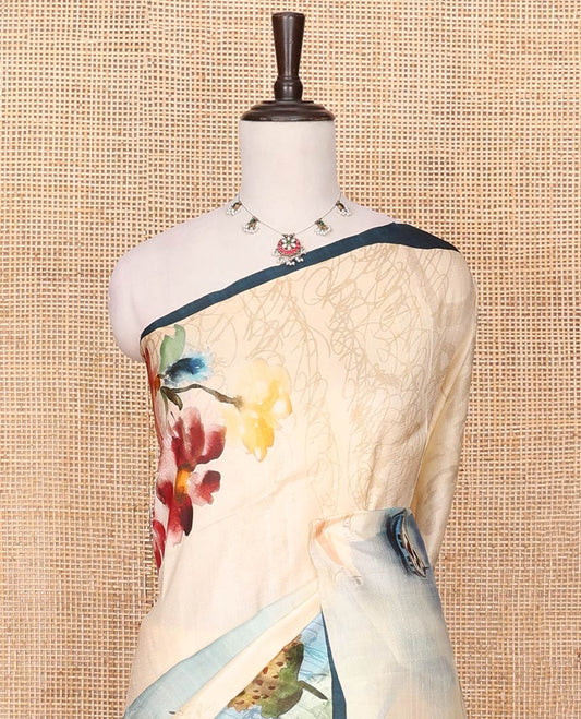 Sandal Printed Silk Saree Enthralled with Kaleidoscopic-Colored Hand Brush Painting-Style Floral Print, Complemented by a Contrast Border, Colorful Floral-Printed Pallu, and a Matching Blouse