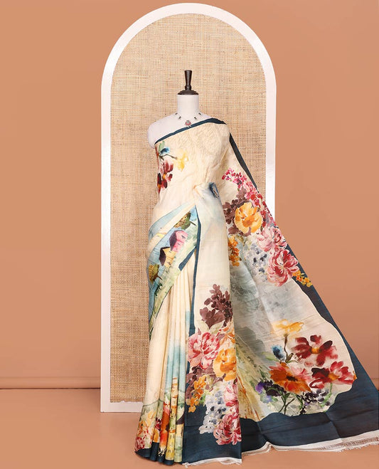 Sandal Printed Silk Saree Enthralled with Kaleidoscopic-Colored Hand Brush Painting-Style Floral Print, Complemented by a Contrast Border, Colorful Floral-Printed Pallu, and a Matching Blouse