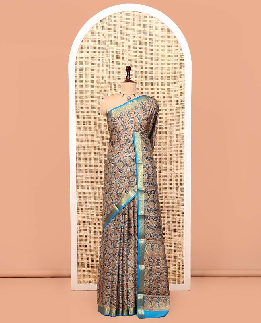 Blue Printed Silk Saree, Accentuated with Floral Jaal Prints, Highlighted by a Traditional Zari Border, Printed Pallu, and a Matching Blouse