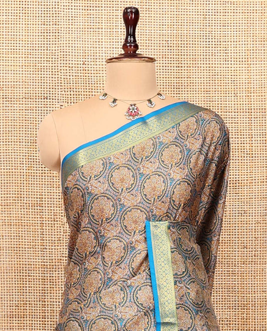Blue Printed Silk Saree, Accentuated with Floral Jaal Prints, Highlighted by a Traditional Zari Border, Printed Pallu, and a Matching Blouse