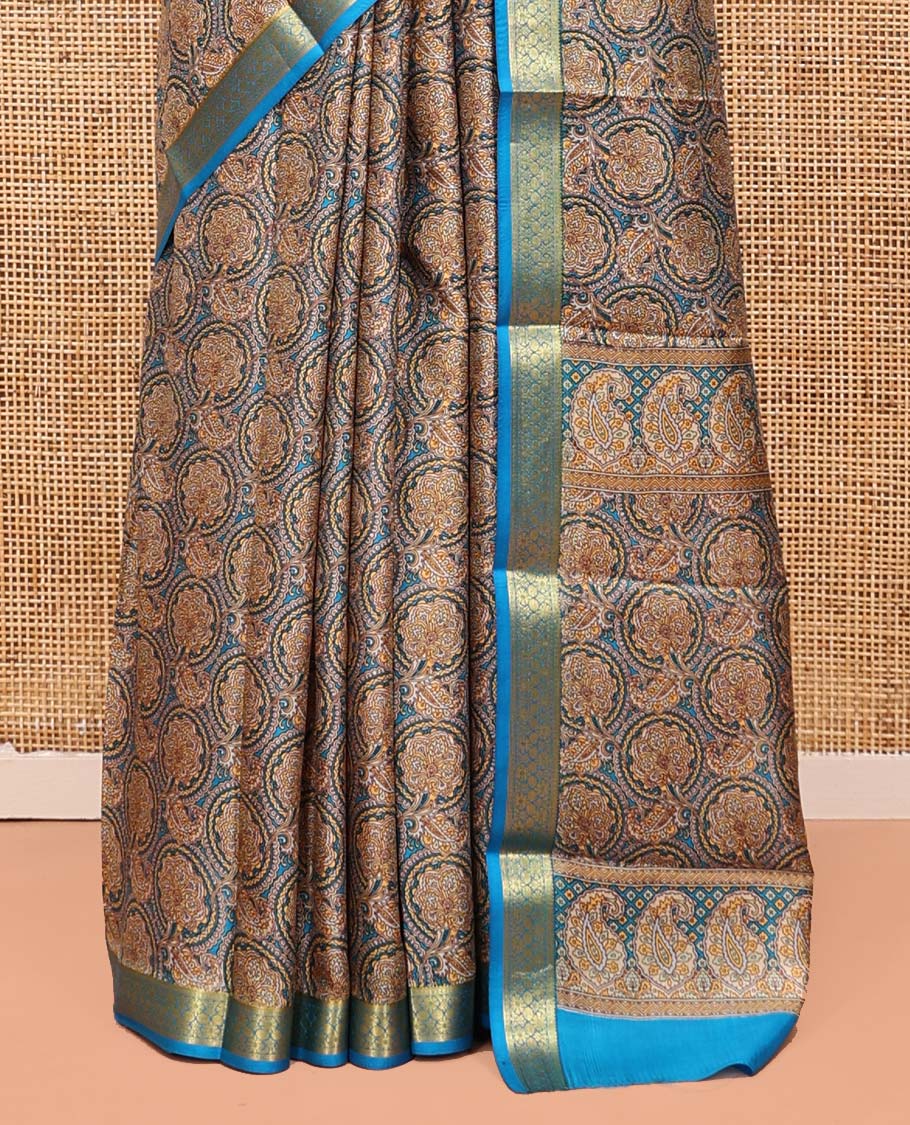 Blue Printed Silk Saree, Accentuated with Floral Jaal Prints, Highlighted by a Traditional Zari Border, Printed Pallu, and a Matching Blouse