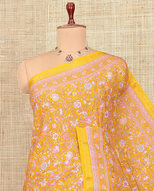 Yellow Printed Silk Saree, Adorned with Floral Vine Print, a Traditional Zari Border, Floral Pallu, and a Matching Blouse