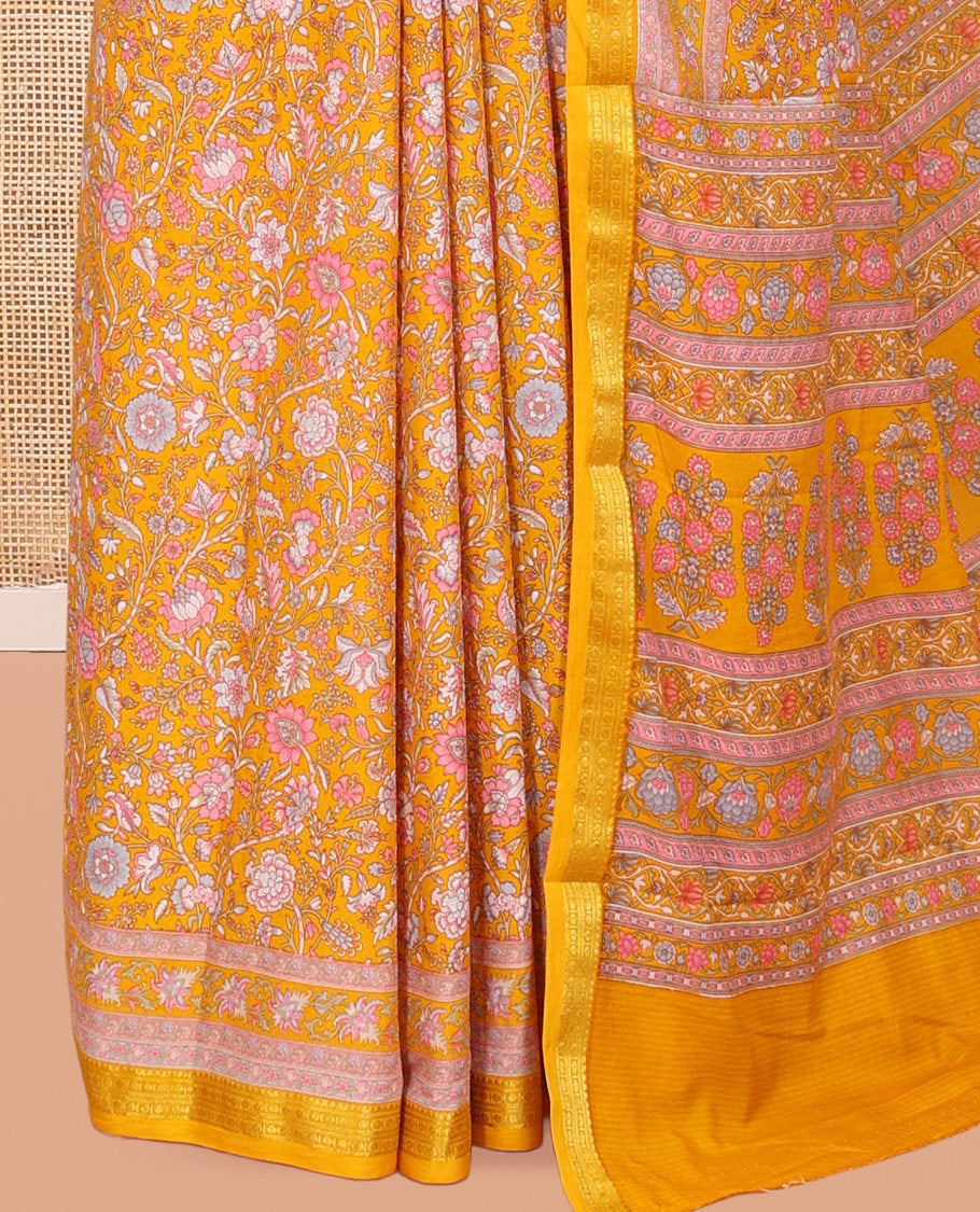 Yellow Printed Silk Saree, Adorned with Floral Vine Print, a Traditional Zari Border, Floral Pallu, and a Matching Blouse