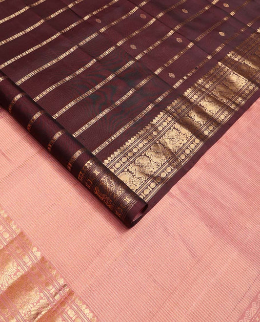 Brown zari design silk saree, zari border of thilakam mokku, banaras, poun, and mayil designs, and zari striped pallu