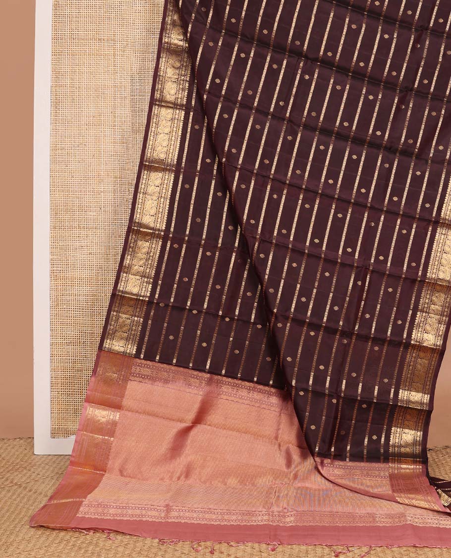 Brown zari design silk saree, zari border of thilakam mokku, banaras, poun, and mayil designs, and zari striped pallu