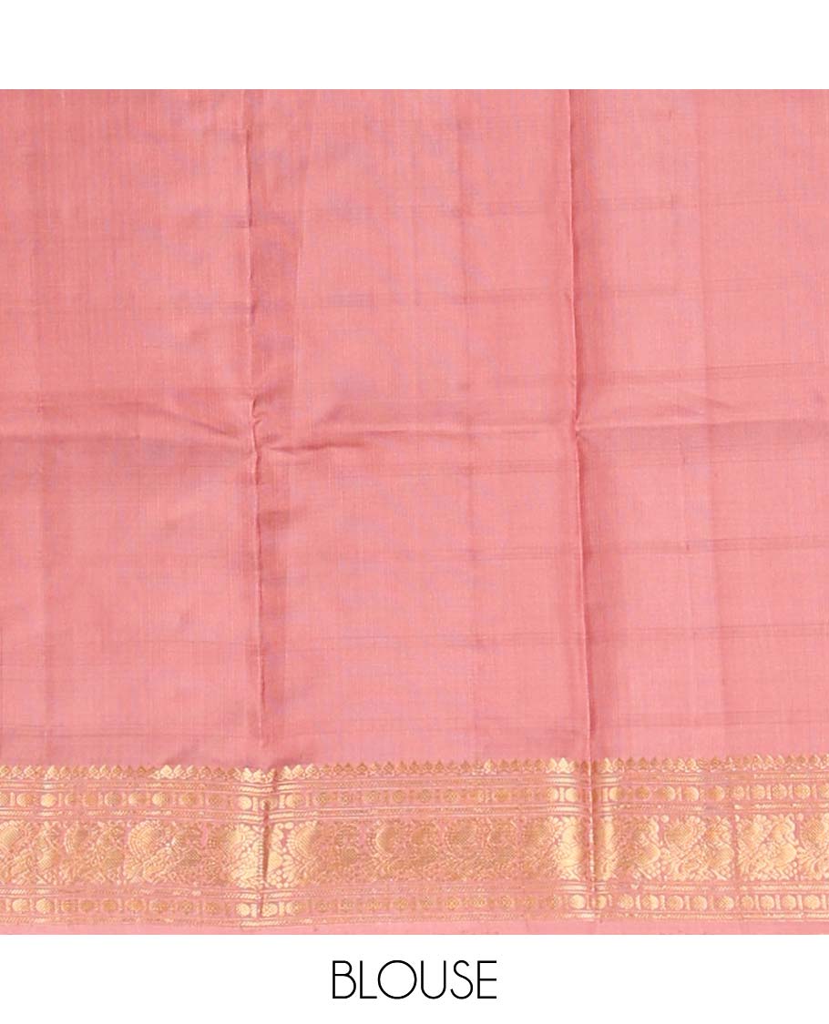 Brown zari design silk saree, zari border of thilakam mokku, banaras, poun, and mayil designs, and zari striped pallu