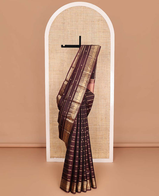 Brown zari design silk saree, zari border of thilakam mokku, banaras, poun, and mayil designs, and zari striped pallu