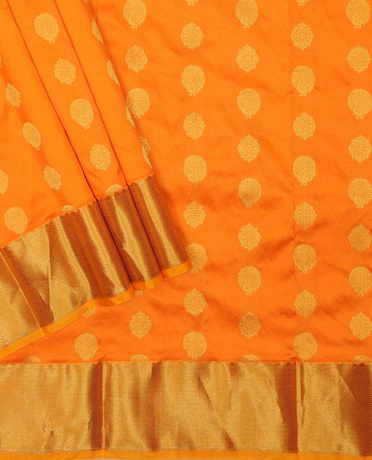 Orange pure silk half saree, zari buttas skirt, zari border of thilakam, and vanki designs, matching blouse, and paiyaadi kattam dhavani