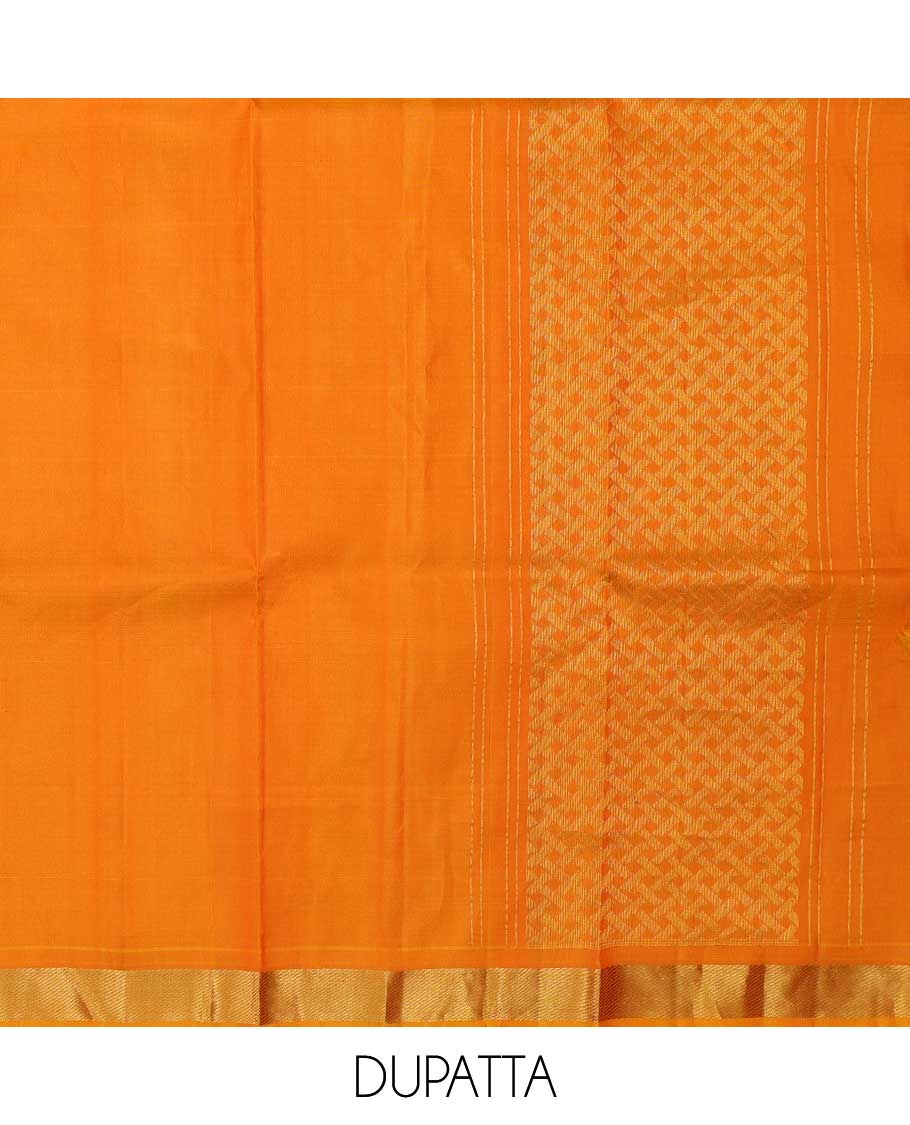Orange pure silk half saree, zari buttas skirt, zari border of thilakam, and vanki designs, matching blouse, and paiyaadi kattam dhavani