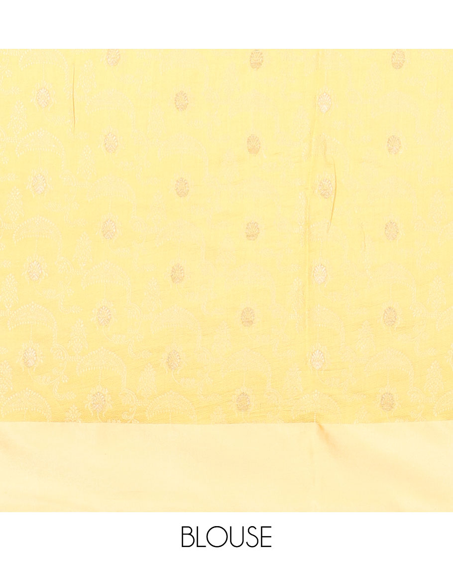 Yellow kalamkari-style floral vine & peacock printed tussar saree with zari buttas, plain border & plain pallu