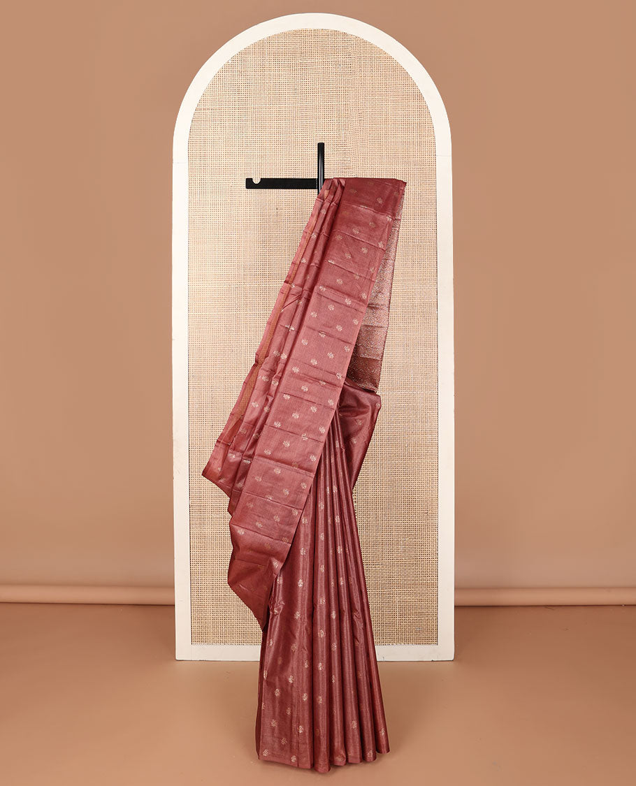 Borderless pink zari buttas tussar saree, intricate zari-rich pallu of floral design