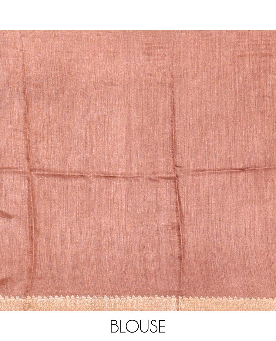 Brown Tussar Saree Elevated with Abstract Print and Circular Motifs, Zari Border Complemented with a Temple Design, Pallu of Circular Motifs Print, and a Matching Blouse