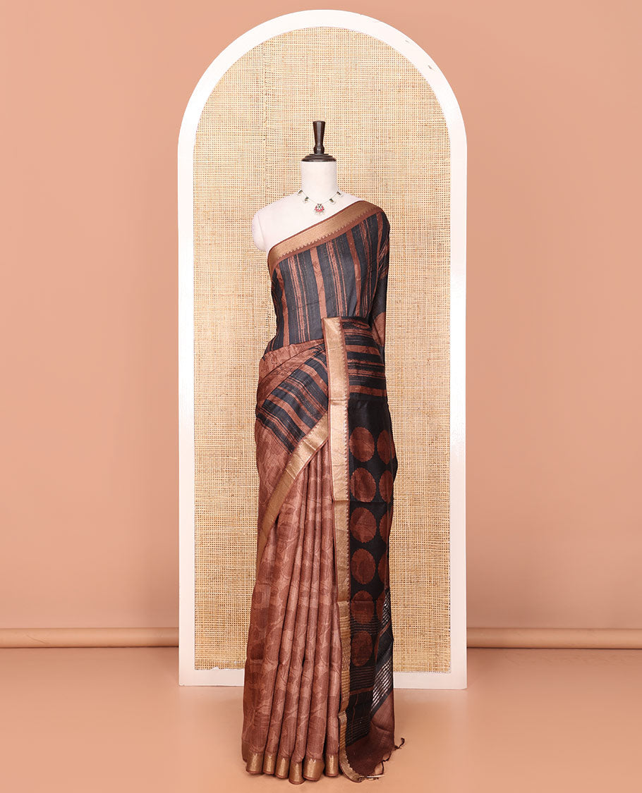 Brown Tussar Saree Elevated with Abstract Print and Circular Motifs, Zari Border Complemented with a Temple Design, Pallu of Circular Motifs Print, and a Matching Blouse