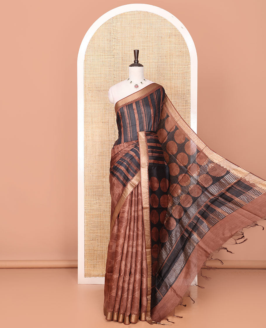 Brown Tussar Saree Elevated with Abstract Print and Circular Motifs, Zari Border Complemented with a Temple Design, Pallu of Circular Motifs Print, and a Matching Blouse