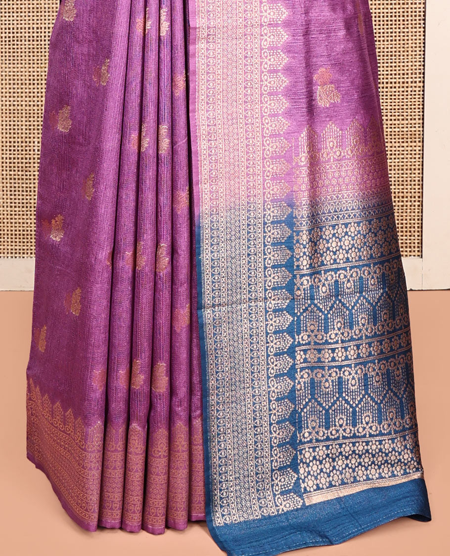 Purple Matka Silk Saree, Adorned with Buttas All Over Its Body, Highlighted by a Self-Border of Traditional Designs, Intricately Designed Pallu, and Paired with Contrast Blouse