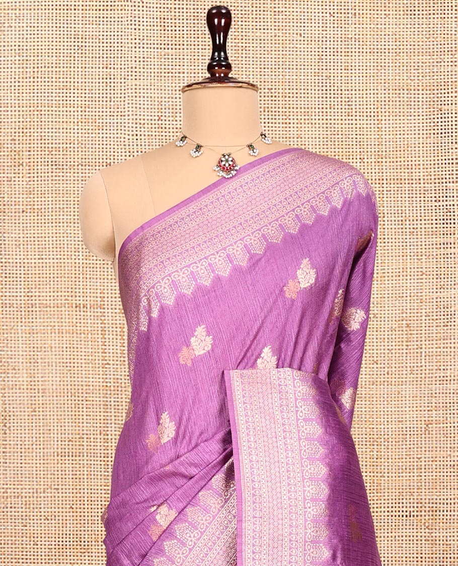 Purple Matka Silk Saree, Adorned with Buttas All Over Its Body, Highlighted by a Self-Border of Traditional Designs, Intricately Designed Pallu, and Paired with Contrast Blouse